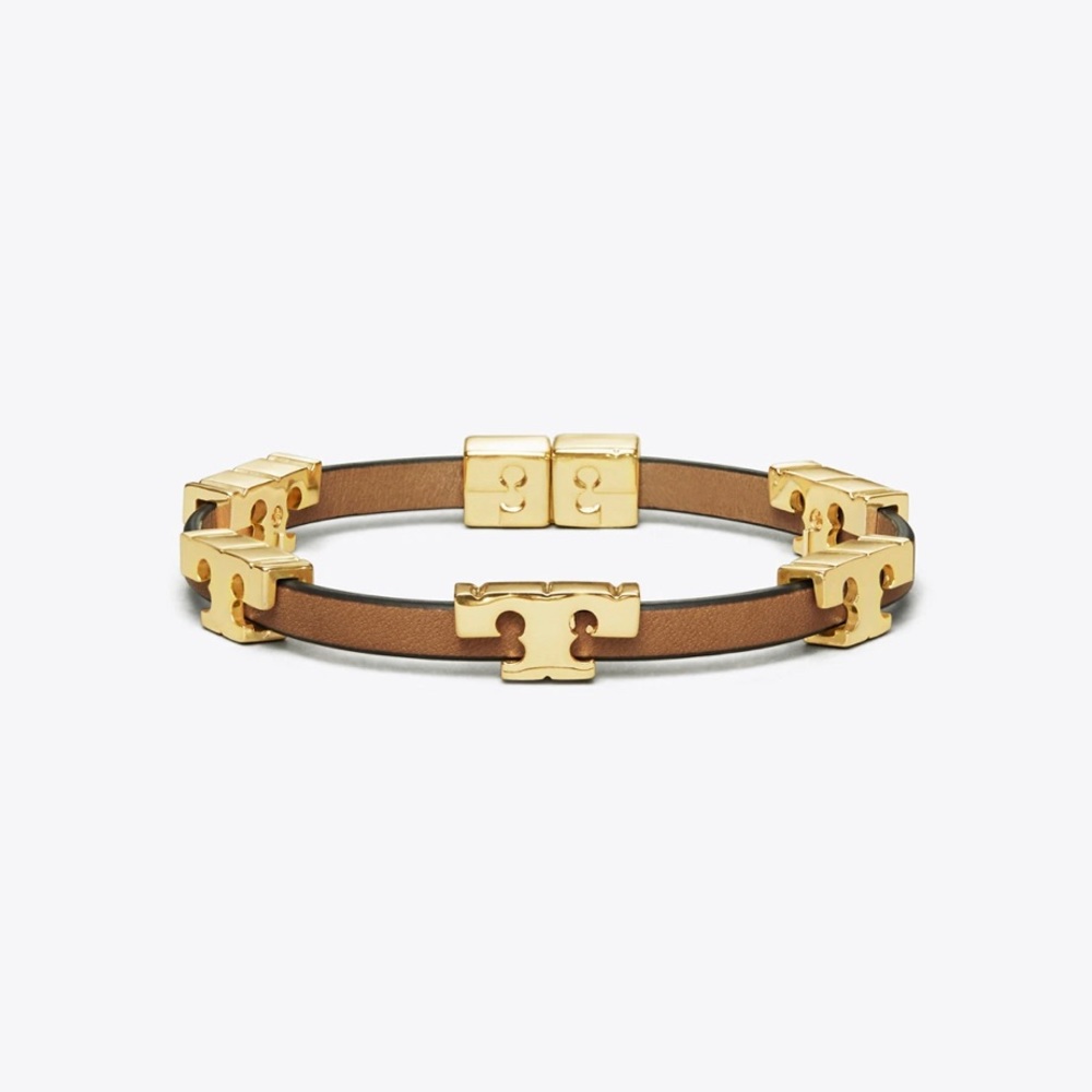 Tory Burch Serif T Single-Wrap Bracelet Tory Gold Coconut Vachetta Size S/M - Picture 2 of 7